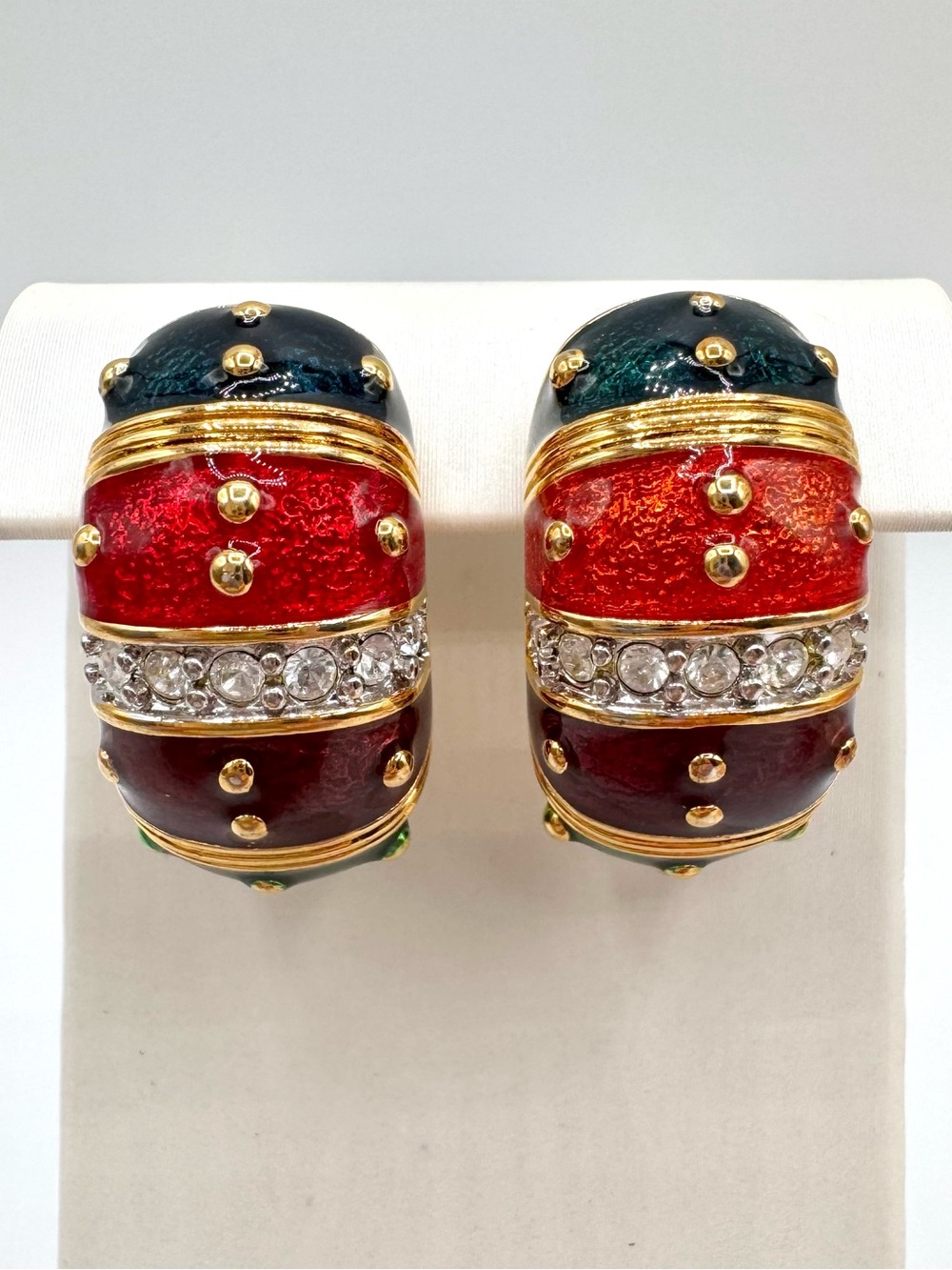 Vintage Joan Rivers Guilloche Enamel Colorful Pierced Huggie Half Hoop Earrings